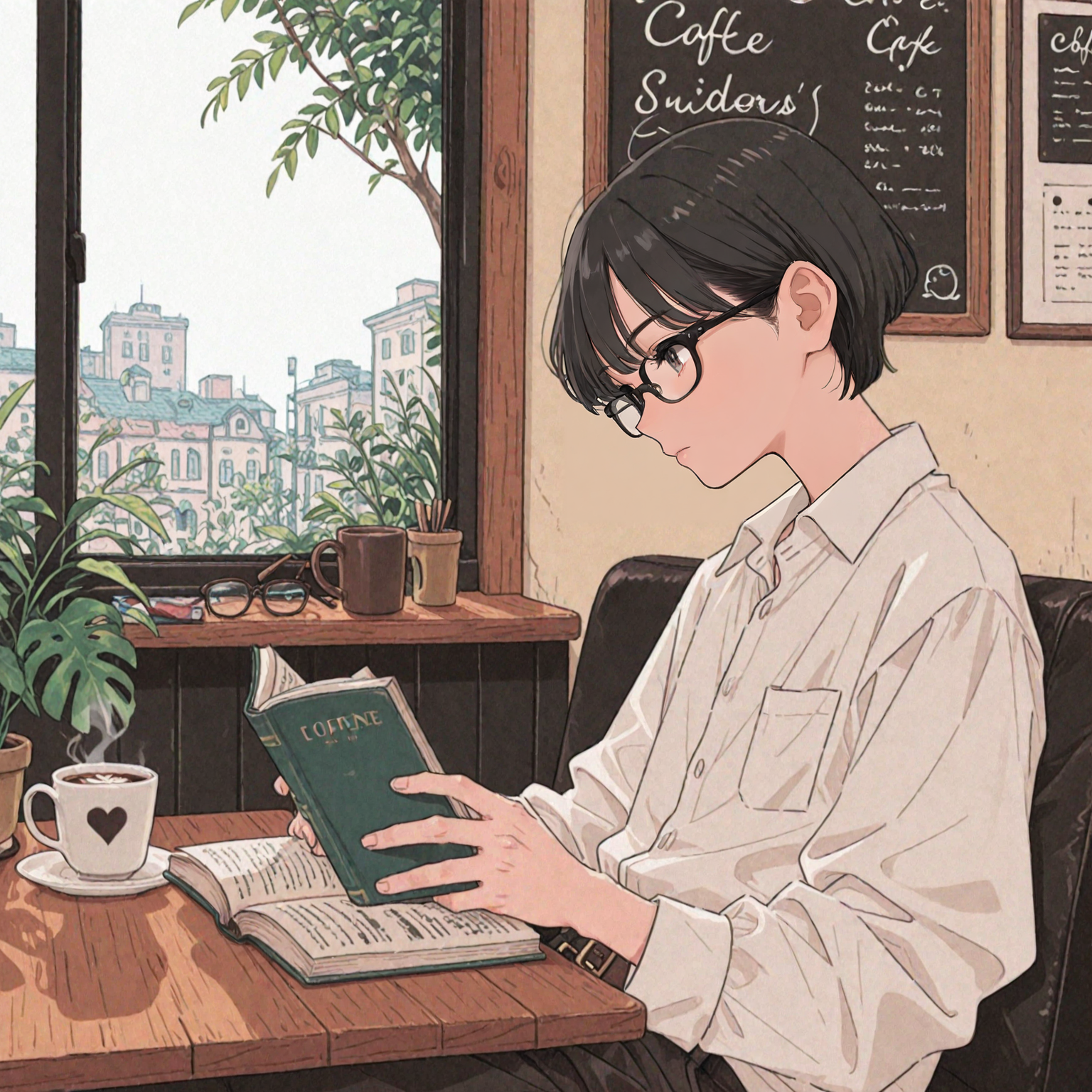 A young man with glasses sits outside a café during the day, reading a book with a cup of steaming coffee.