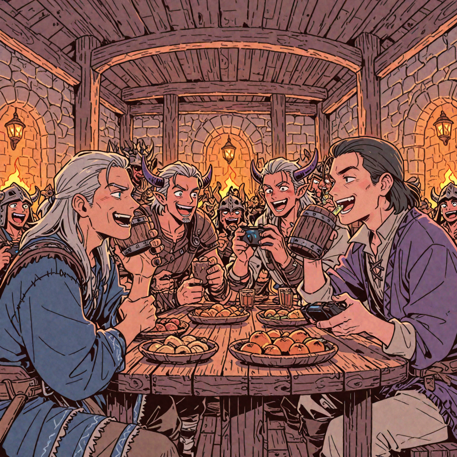 A crowded tavern filled with Vikings eating, drinking, and celebrating.